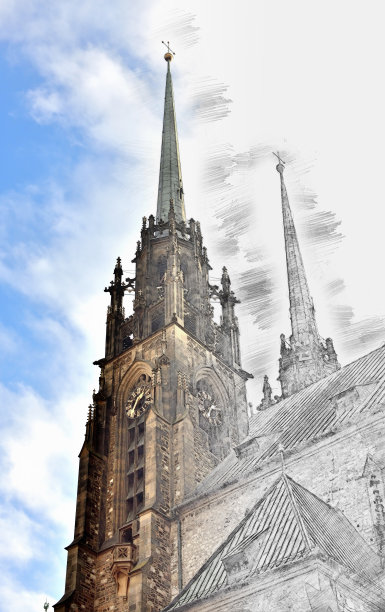 布尔诺圣彼得和保罗大教堂哥特式塔的细节。经典照片和炭笔或石墨画的拼贴。图片下载
