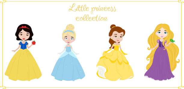 设置公主在连衣裙，儿童插图，矢量图片下载