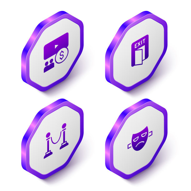 设置等距影院礼堂与屏幕，防火出口，绳障和戏剧戏剧面具图标。紫色的六角按钮。向量图片下载