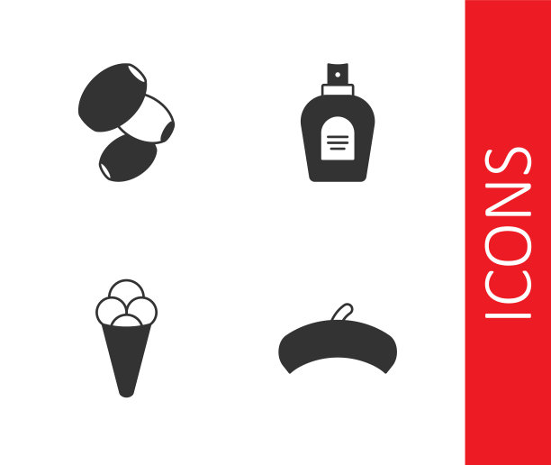 法式贝雷帽，橄榄，华夫饼冰淇淋和香水图标。向量图片下载