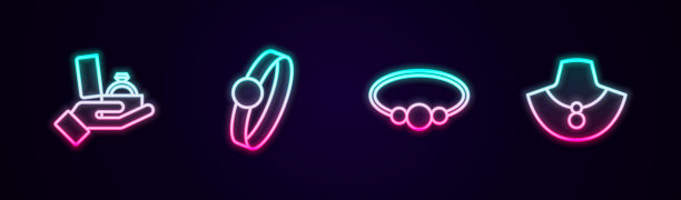 套线钻石订婚戒指在盒子，手镯珠宝和项链人体模型。发光的霓虹灯图标。向量图片下载