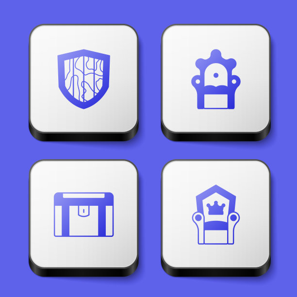 设置盾牌，中世纪王座，古董宝箱和图标。白色正方形按钮。向量图片下载