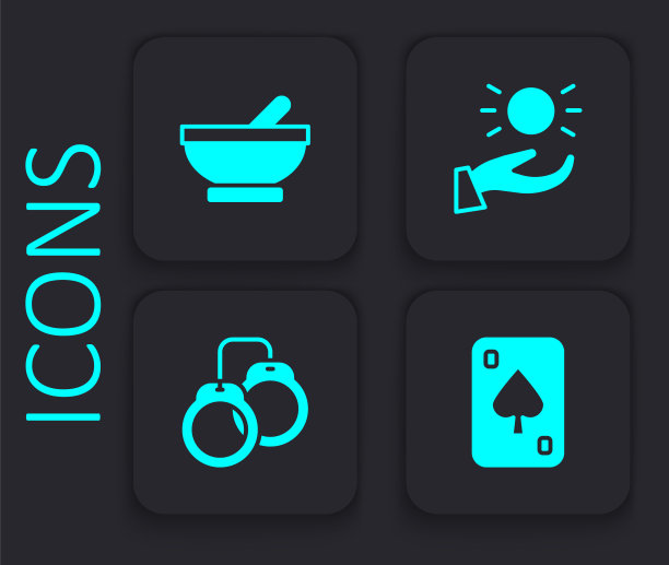 设置纸牌，女巫釜，球悬浮在手上和手铐图标。黑色方形按钮。向量图片下载