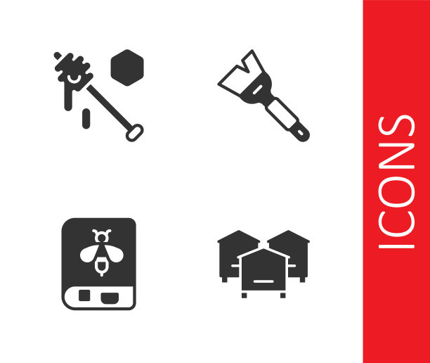 设置蜂箱为蜜蜂，蜂蜜勺棒，书的有关和养蜂刷图标。向量图片下载