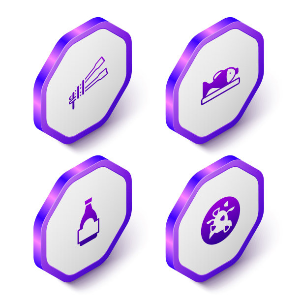 用等距筷子夹面条、盛鱼盘、酱油瓶、宫保鸡丁。紫色的六角按钮。向量图片下载