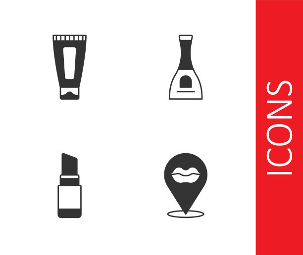 设置微笑嘴唇，面霜或乳液化妆品管，口红和指甲油的图标。向量图片下载