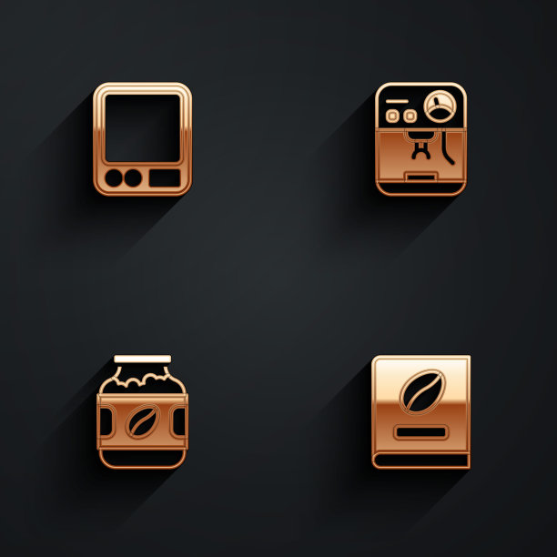 设置电子咖啡秤，咖啡机，罐瓶和书图标长阴影。向量图片下载