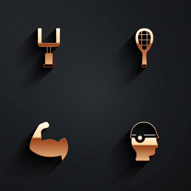 设置美式足球门柱、网球拍、展示肌肉的健美运动员、长影子棒球头盔图标。向量图片下载