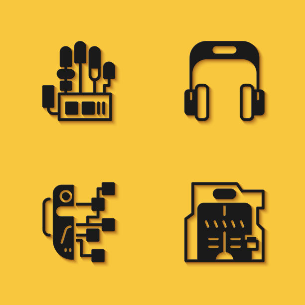 设置机械机器人手，未来滑动门，人形和耳机图标与长阴影。向量图片下载