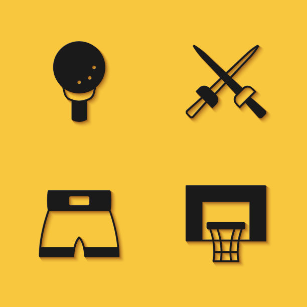 设置高尔夫球在球座，篮球背板，拳击短和击剑图标与长阴影。向量图片下载