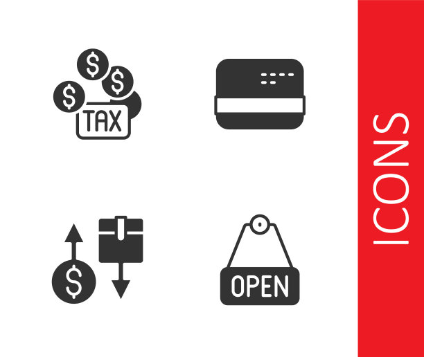 设置悬挂标志与文本打开，纳税，纸箱和信用图标。向量图片下载