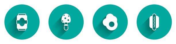 设置苏打罐，飞木耳，炒蛋和热狗图标与长影子。向量图片下载