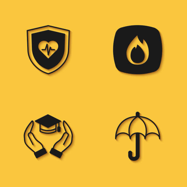 设置人寿保险与盾牌，伞，教育津贴和火焰火焰图标长阴影。向量图片下载