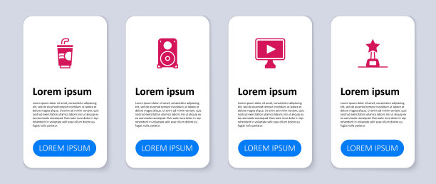 设置电影奖杯，在线播放视频，立体声扬声器和纸玻璃与水。业务信息模板。向量图片下载