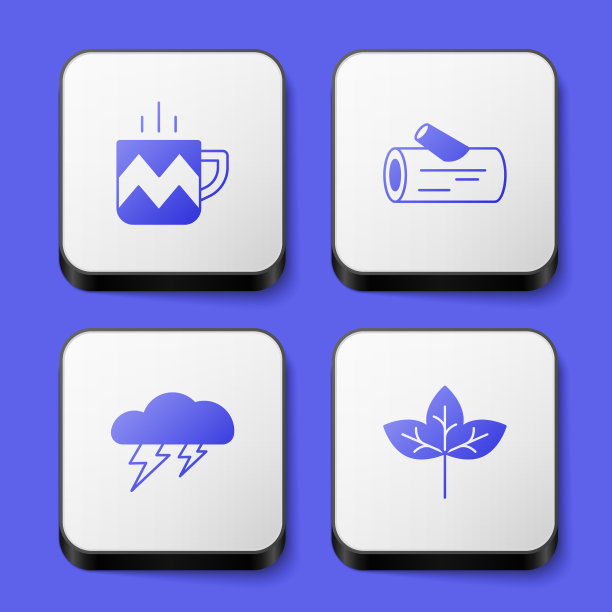 设置杯茶，木制原木，云和闪电和叶子图标。白色正方形按钮。向量图片下载