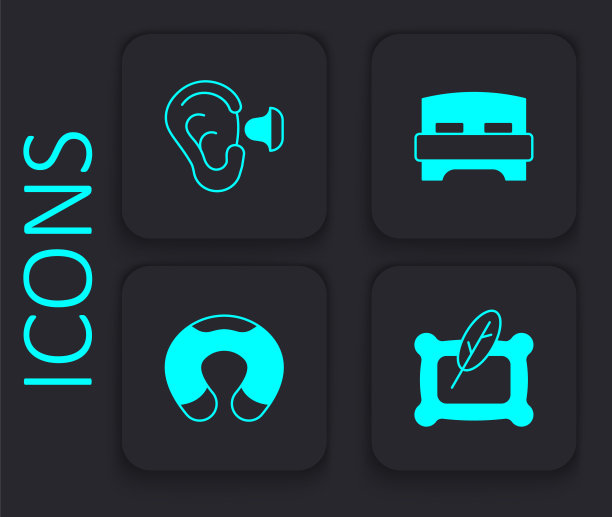 设置枕头，耳塞和耳朵，大床和旅行脖子枕头图标。黑色方形按钮。向量图片下载