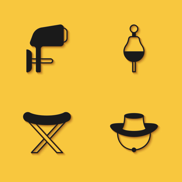 外挂艇马达，渔人帽，野营折叠椅，渔人浮标图标，长影子。向量图片下载