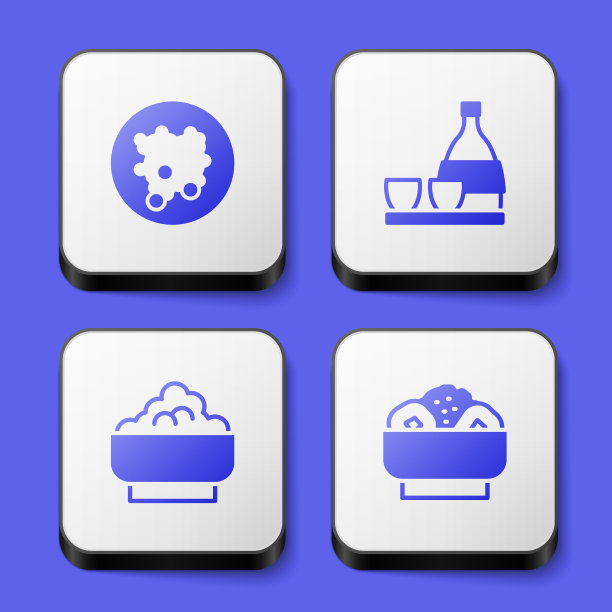 碗里的米饭，一瓶清酒，盘子图标上的炒面。白色正方形按钮。向量图片下载