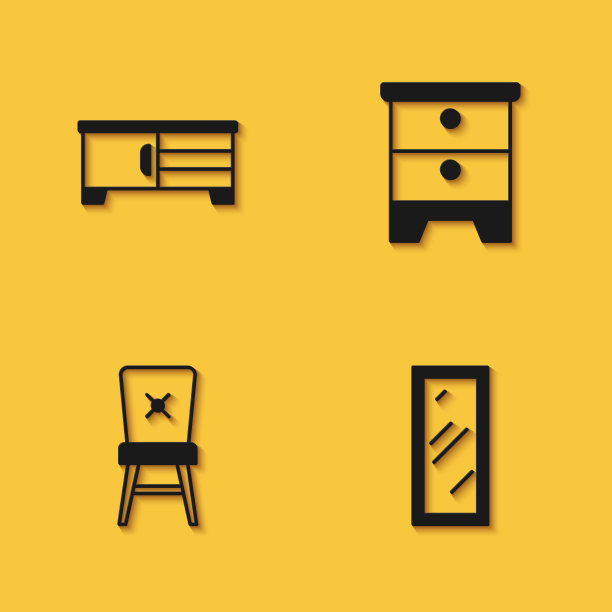设置电视台架，大全长镜子，椅子和家具床头柜图标与长影子。向量图片下载