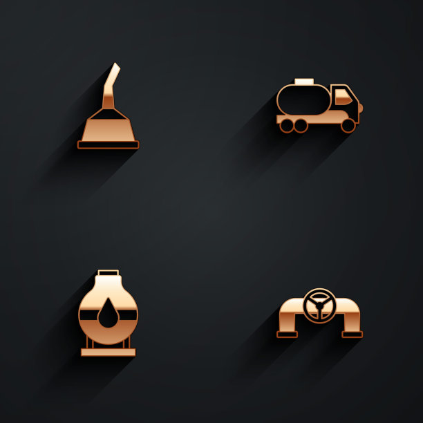 设置汽机油罐、油罐车、油罐储存罐和带长阴影阀门图标的管道。向量图片下载