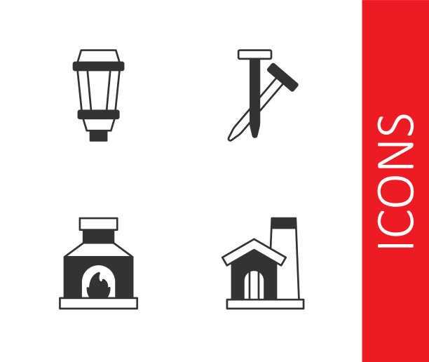 设置铁匠车间室内，花园灯，铁匠烤箱和金属钉图标。向量图片下载
