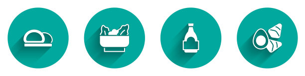 寿司，馄饨，酱油瓶和鸡蛋与蔬菜图标长阴影。向量图片下载