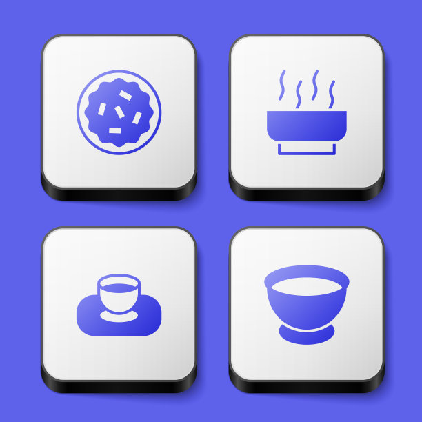 设置自制派，拉面汤碗，酱油在和图标。白色正方形按钮。向量图片下载