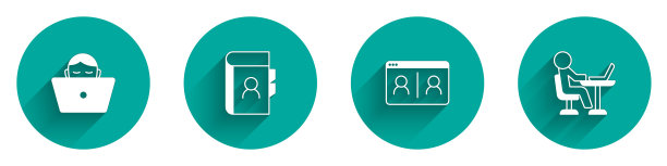 设置自由职业者，电话簿，视频聊天会议和图标与长阴影。向量图片下载