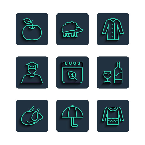 集线烤火鸡或鸡，雨伞，毛衣，雨衣，日历与秋叶，毕业生和毕业帽，苹果和葡萄酒酒瓶玻璃图标。向量图片下载