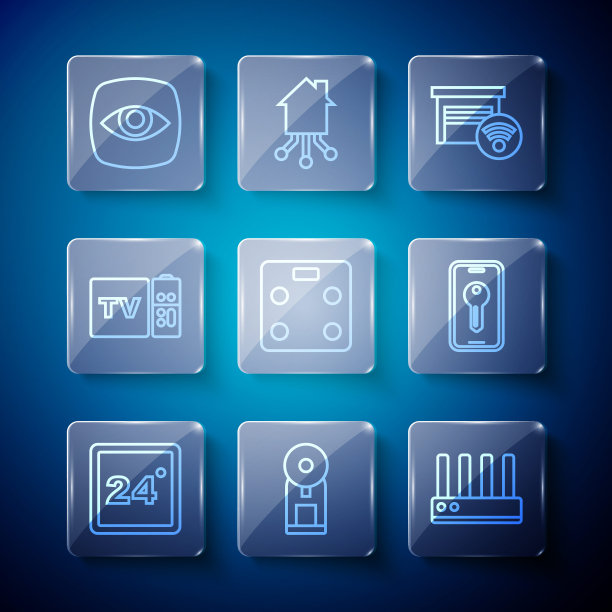 可设置线恒温器，智能咖啡机，路由器和wi-fi信号，车库，浴室磅秤，多媒体电视盒接收器，安全摄像头和按键图标。向量图片下载