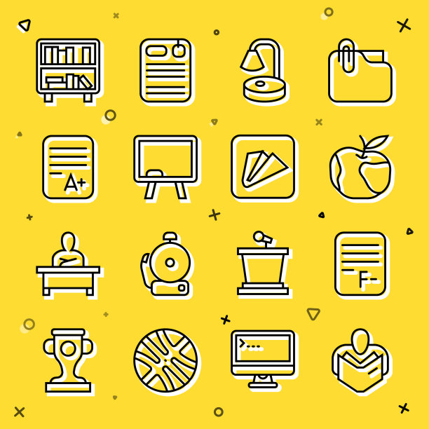 设置线男子阅读书，试卷与错误的答案，苹果，台灯，黑板，表加等级，书架书籍和纸飞机图标。向量图片下载