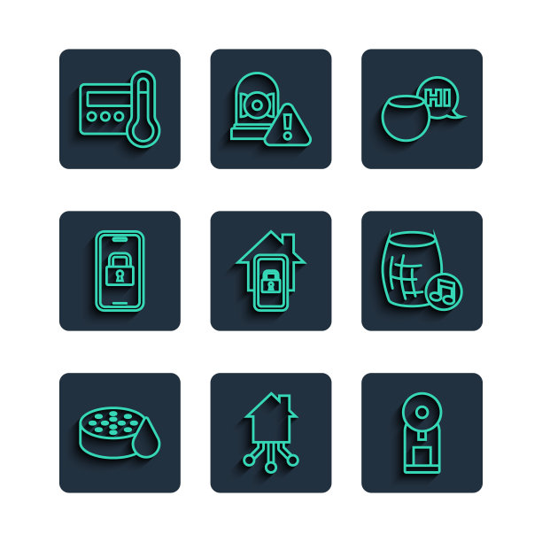 设置线水传感器，智能家居，咖啡机，语音助手，智能手机，数字门锁，恒温器和图标。向量图片下载