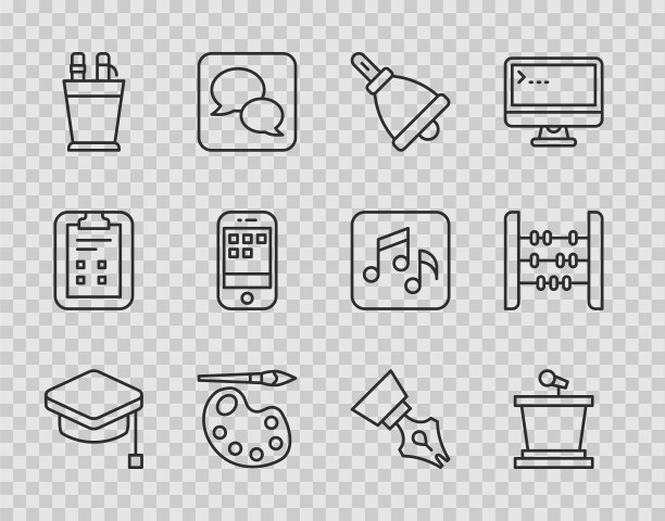 设置线毕业帽，舞台，铃声，画笔与调色板，铅笔盒文具，智能手机，钢笔笔尖和算盘图标。向量图片下载