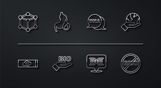 设置分子、血液检测和病毒、手持地球仪、DNA符号、生物健康食品、胃灼热、无转基因和图标。向量图片下载