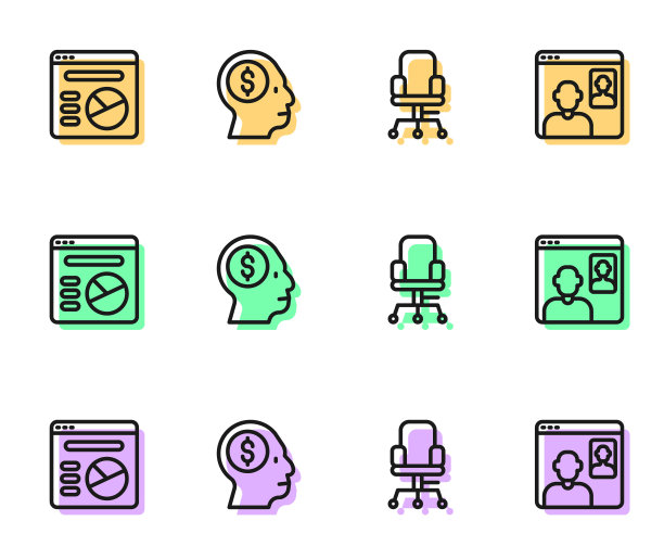 设置直线办公椅，饼图信息图，商务人士规划思想和视频聊天会议图标。向量图片下载