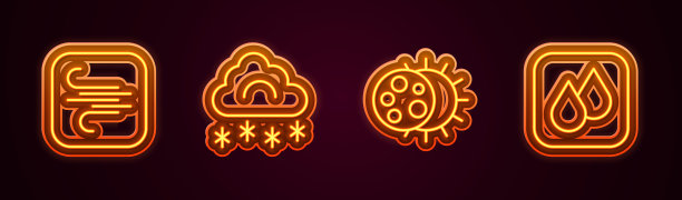 集线风，云与雪，日蚀和水滴。发光的霓虹灯图标。向量图片下载