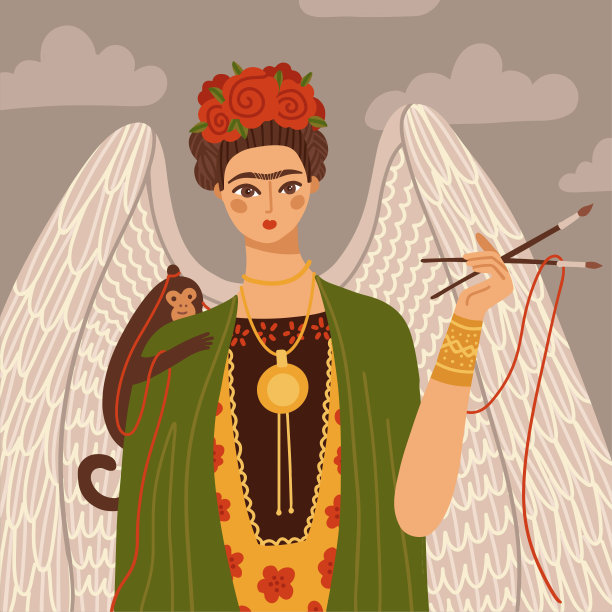 女艺术家创作肖像。墨西哥女人戴着花冠，翅膀，猴子和画笔。激发女孩力量的概念。平面手绘矢量插图。图片下载