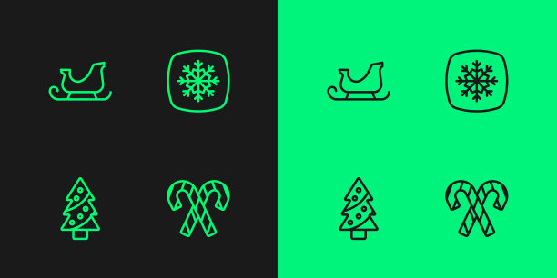 设置线糖果拐杖与条纹，圣诞树，圣诞老人雪橇和雪花的图标。向量图片下载