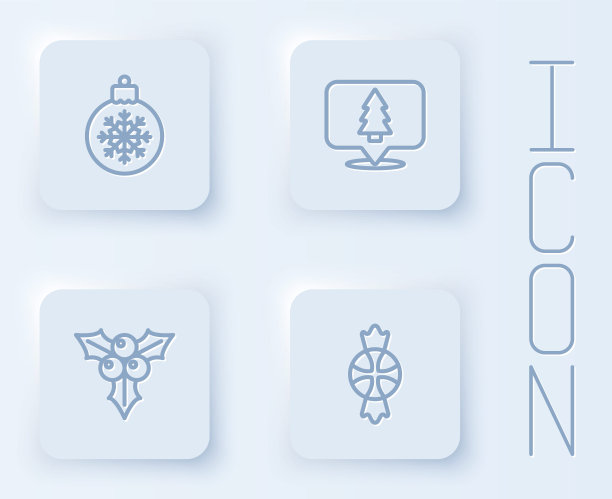 设置线圣诞球，树，树枝荚和糖果。白色正方形按钮。向量图片下载