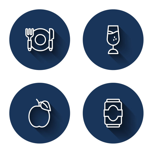 集盘、刀叉、酒杯、梅子果、苏打罐与长影于一体。蓝色圆按钮。向量图片下载