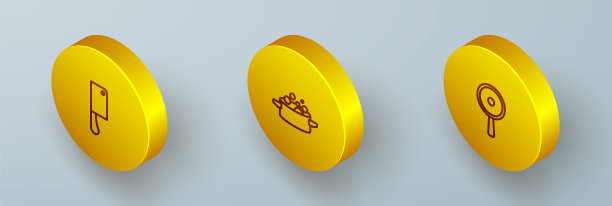 设置等距线剁肉器，烹饪锅和煎锅图标。向量图片下载