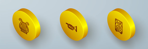 设置等距线古希腊竖琴，小号和立体声扬声器图标。向量图片下载