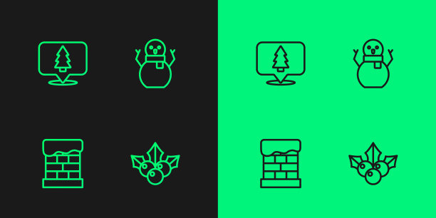 设置线枝荚蒾、圣诞烟囱、圣诞树和雪人的图标。向量图片下载