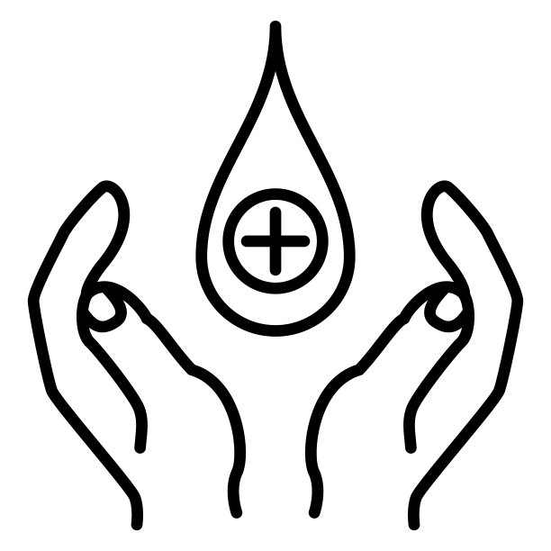 消毒、皮肤护理、皮肤病治疗、手部卫生。两只手和一滴医用液体矢量图标，轮廓，孤立图片下载