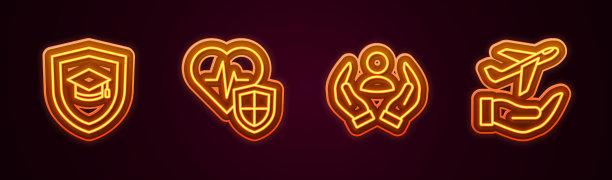 设置线分度帽与盾，人寿保险，飞机手。发光的霓虹灯图标。向量图片下载