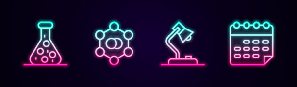 设置试管，分子，台灯，课程表。发光的霓虹灯图标。向量图片下载