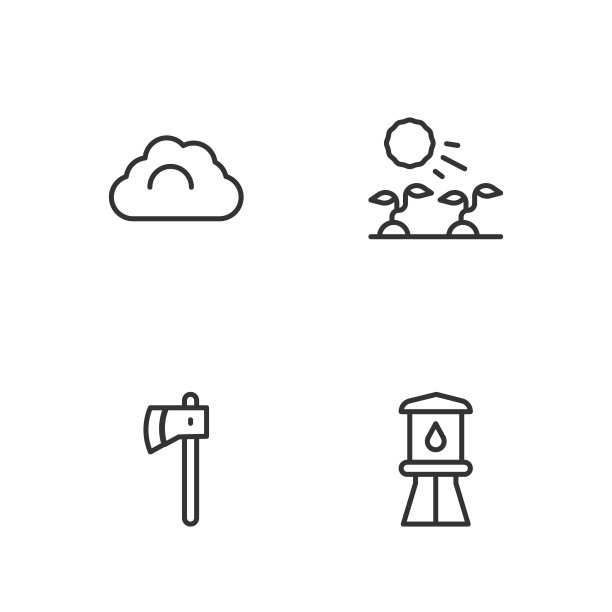设置线水塔，木斧，多云天气和植物芽生长在太阳图标。向量图片下载
