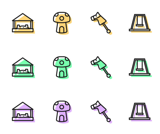 设置线玩具马，沙盒与沙子，蘑菇房子和秋千的孩子图标。向量图片下载