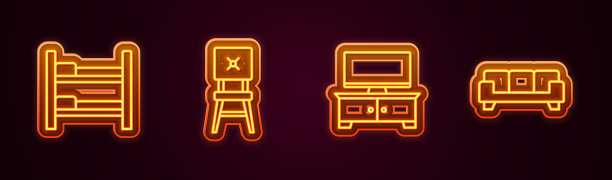 设置上下铺、椅子、电视桌、沙发。发光的霓虹灯图标。向量图片下载