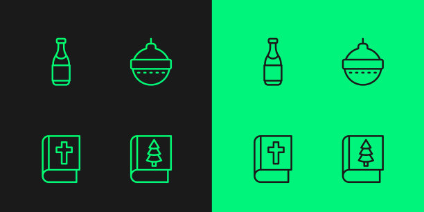 集行圣诞书，圣经，香槟瓶和球的图标。向量图片下载